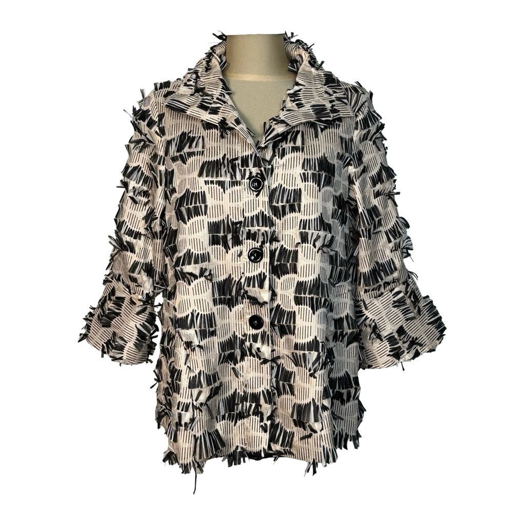 Samuel Dong Black Cream Fringe Jacket Geometric Textured Womens Small NWOT